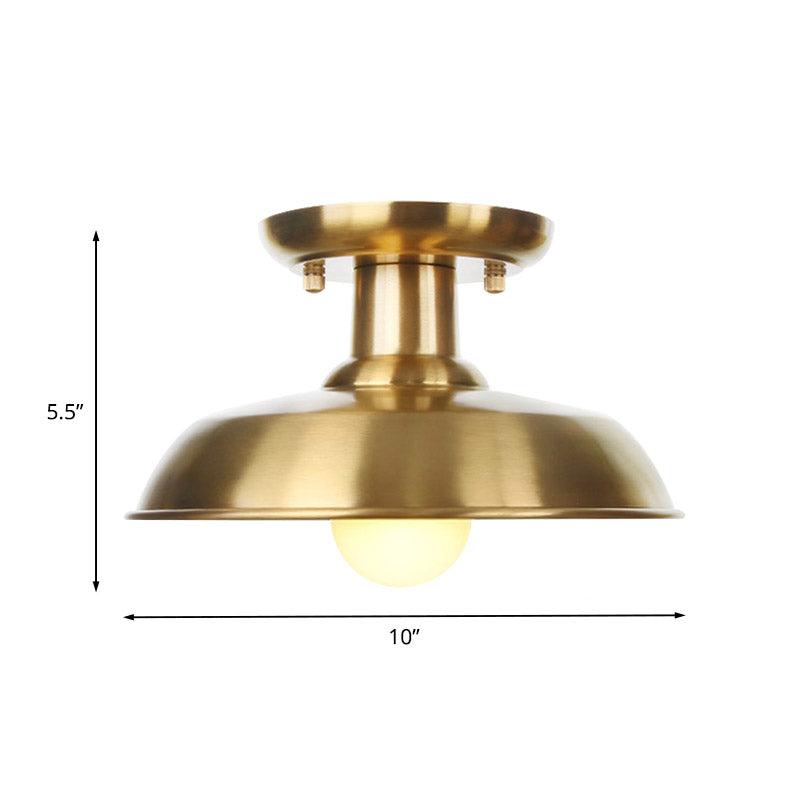 Gold Barn/Dome/Cone Semi Flush Mount Light Industrial Metallic 1 Bulb Hall Flush Ceiling Lamp Fixture Clearhalo 'Ceiling Lights' 'Close To Ceiling Lights' 'Close to ceiling' 'Semi-flushmount' Lighting' 735204