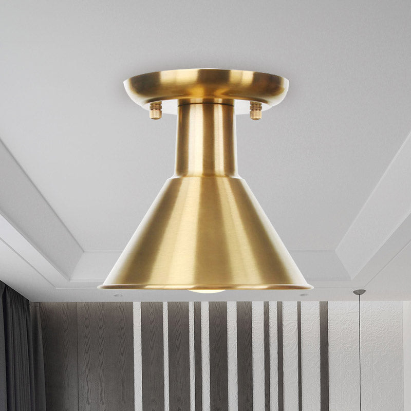 Gold Barn/Dome/Cone Semi Flush Mount Light Industrial Metallic 1 Bulb Hall Flush Ceiling Lamp Fixture Gold A Clearhalo 'Ceiling Lights' 'Close To Ceiling Lights' 'Close to ceiling' 'Semi-flushmount' Lighting' 735205