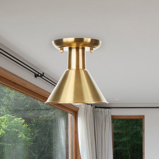 Gold Barn/Dome/Cone Semi Flush Mount Light Industrial Metallic 1 Bulb Hall Flush Ceiling Lamp Fixture Clearhalo 'Ceiling Lights' 'Close To Ceiling Lights' 'Close to ceiling' 'Semi-flushmount' Lighting' 735206