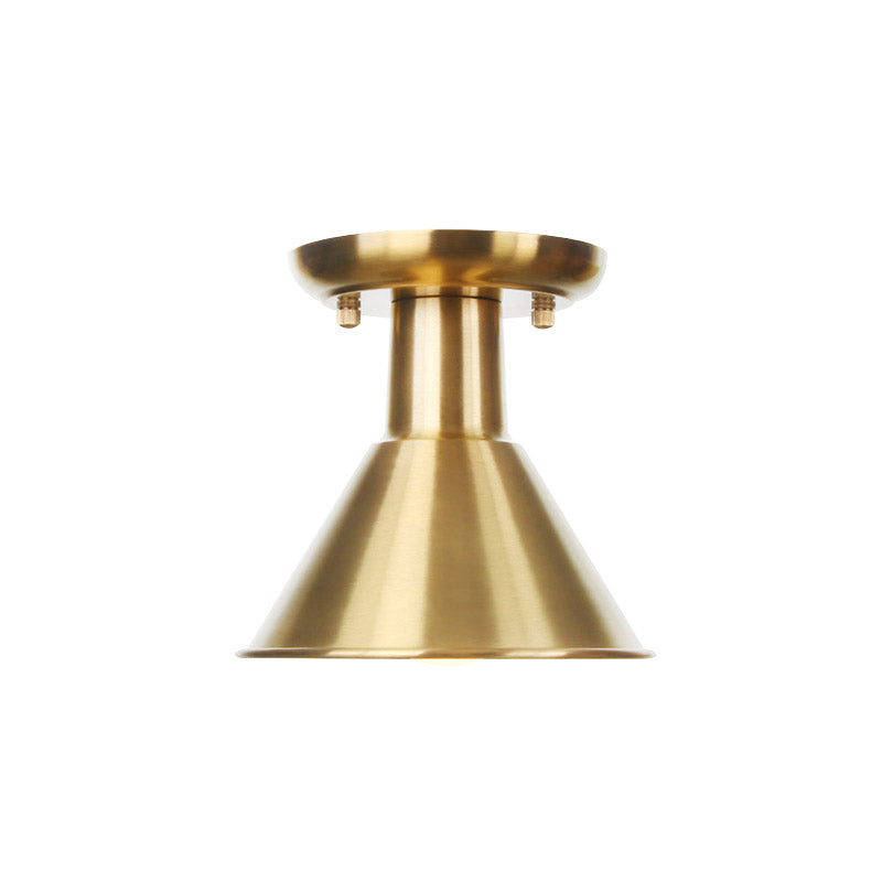 Gold Barn/Dome/Cone Semi Flush Mount Light Industrial Metallic 1 Bulb Hall Flush Ceiling Lamp Fixture Clearhalo 'Ceiling Lights' 'Close To Ceiling Lights' 'Close to ceiling' 'Semi-flushmount' Lighting' 735208