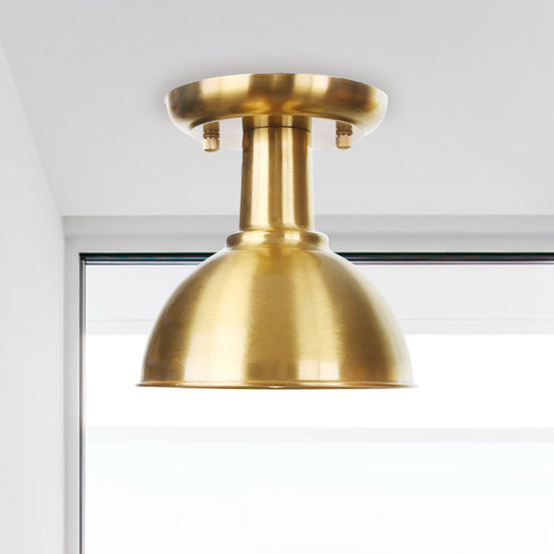 Gold Barn/Dome/Cone Semi Flush Mount Light Industrial Metallic 1 Bulb Hall Flush Ceiling Lamp Fixture Gold B Clearhalo 'Ceiling Lights' 'Close To Ceiling Lights' 'Close to ceiling' 'Semi-flushmount' Lighting' 735210