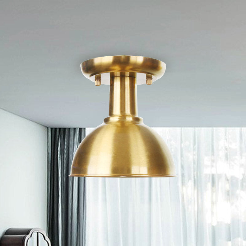 Gold Barn/Dome/Cone Semi Flush Mount Light Industrial Metallic 1 Bulb Hall Flush Ceiling Lamp Fixture Clearhalo 'Ceiling Lights' 'Close To Ceiling Lights' 'Close to ceiling' 'Semi-flushmount' Lighting' 735211
