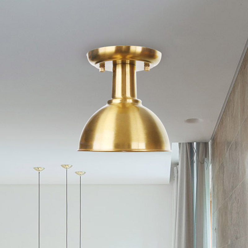 Gold Barn/Dome/Cone Semi Flush Mount Light Industrial Metallic 1 Bulb Hall Flush Ceiling Lamp Fixture Clearhalo 'Ceiling Lights' 'Close To Ceiling Lights' 'Close to ceiling' 'Semi-flushmount' Lighting' 735212