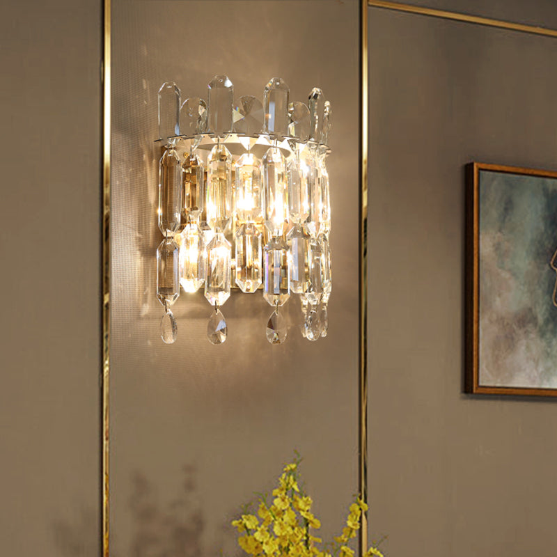 Modern Semi-Drum Wall Mount Lighting Clear Crystal 2 Heads Living Room Sconce Lamp Fixture Clearhalo 'Modern wall lights' 'Modern' 'Wall Lamps & Sconces' 'Wall Lights' Lighting' 735216