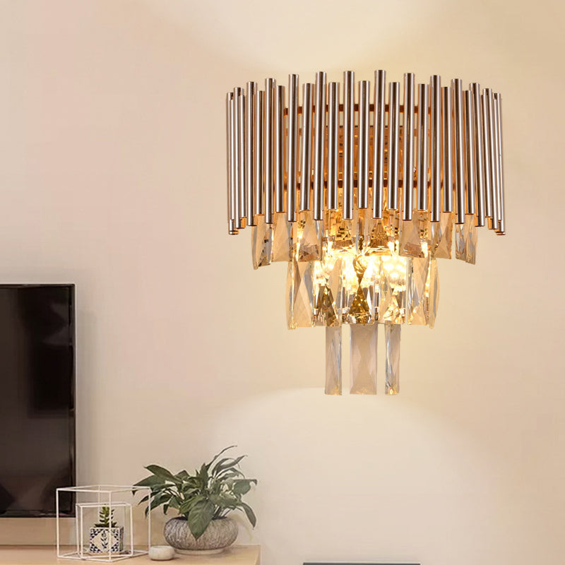 Gold Finish Tiered Sconce Lighting Contemporary 3 Bulbs Crystal Wall Mount Lamp Fixture Gold A Clearhalo 'Cast Iron' 'Glass' 'Industrial' 'Modern wall lights' 'Modern' 'Tiffany' 'Traditional wall lights' 'Wall Lamps & Sconces' 'Wall Lights' Lighting' 735219