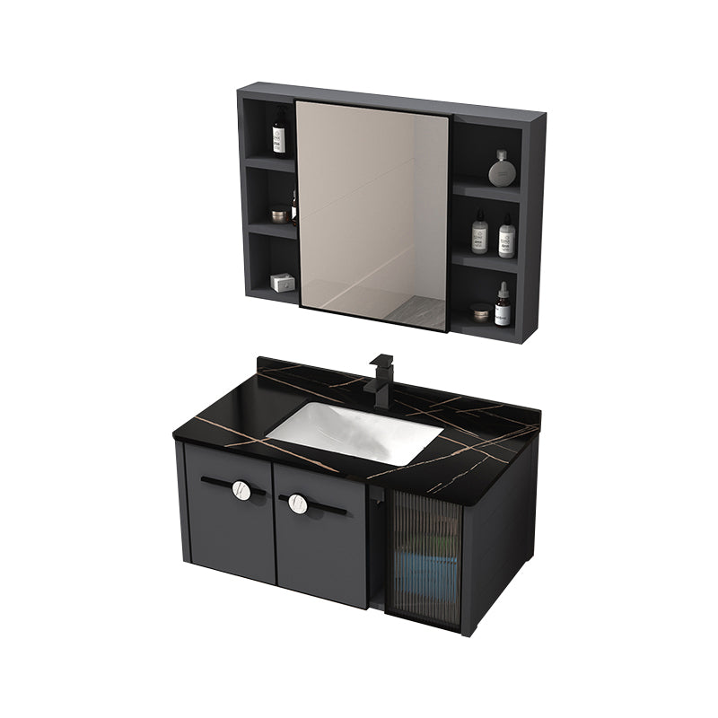 Rectangular Single Bathroom Vanity Modern Dark Gray Metal Base Vanity Set Vanity & Faucet & Mirror Cabinet 35"L x 19"W x 18"H Clearhalo 'Bathroom Remodel & Bathroom Fixtures' 'Bathroom Vanities' 'bathroom_vanities' 'Home Improvement' 'home_improvement' 'home_improvement_bathroom_vanities' 7352201