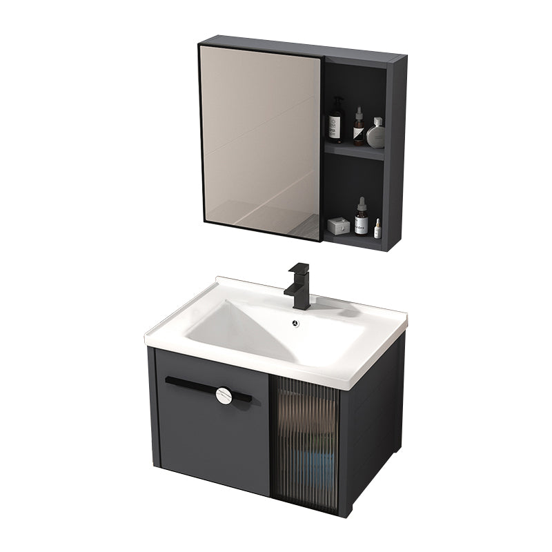 Rectangular Single Bathroom Vanity Modern Dark Gray Metal Base Vanity Set Vanity & Faucet & Mirror Cabinet 28"L x 19"W x 18"H Clearhalo 'Bathroom Remodel & Bathroom Fixtures' 'Bathroom Vanities' 'bathroom_vanities' 'Home Improvement' 'home_improvement' 'home_improvement_bathroom_vanities' 7352206