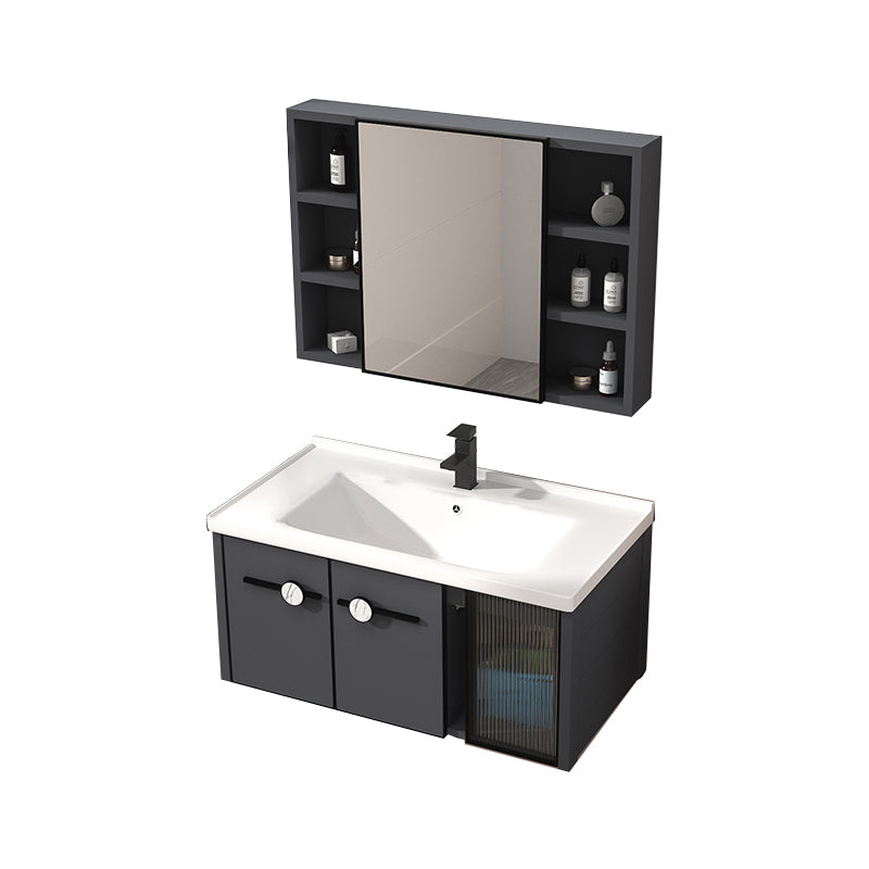 Rectangular Single Bathroom Vanity Modern Dark Gray Metal Base Vanity Set Vanity & Faucet & Mirror Cabinet 35.8"L x 18.9"W x 17.7"H Clearhalo 'Bathroom Remodel & Bathroom Fixtures' 'Bathroom Vanities' 'bathroom_vanities' 'Home Improvement' 'home_improvement' 'home_improvement_bathroom_vanities' 7352210