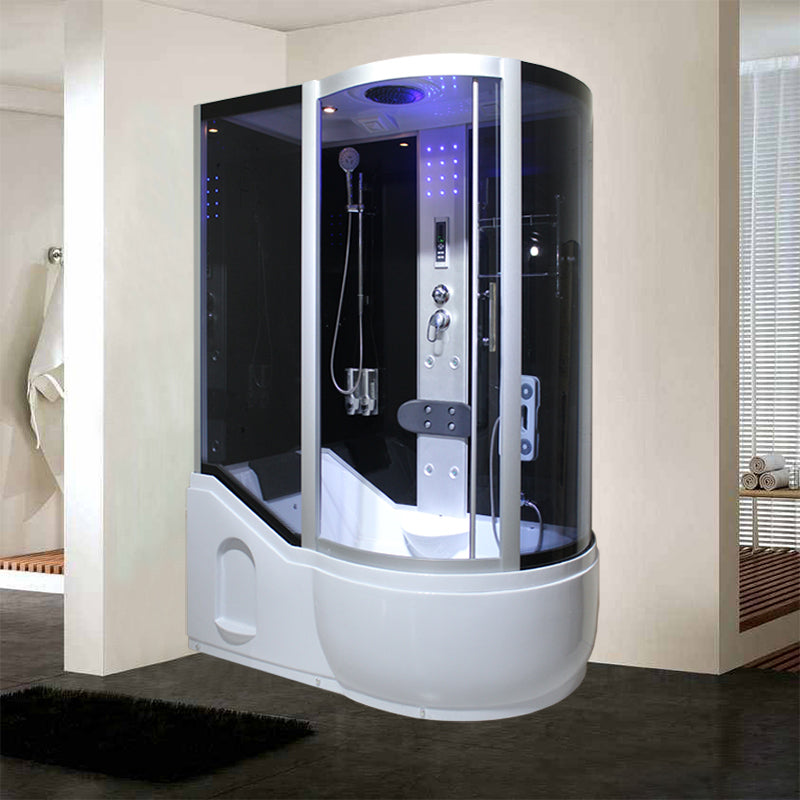 Single Sliding Tinted Tub & Shower Kit Framed Round Shower Kit 55"L x 33"W x 85"H Right Black Clearhalo 'Bathroom Remodel & Bathroom Fixtures' 'Home Improvement' 'home_improvement' 'home_improvement_shower_stalls_enclosures' 'Shower Stalls & Enclosures' 'shower_stalls_enclosures' 'Showers & Bathtubs' 7352604