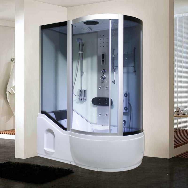 Single Sliding Tinted Tub & Shower Kit Framed Round Shower Kit 63"L x 35"W x 85"H Right White Clearhalo 'Bathroom Remodel & Bathroom Fixtures' 'Home Improvement' 'home_improvement' 'home_improvement_shower_stalls_enclosures' 'Shower Stalls & Enclosures' 'shower_stalls_enclosures' 'Showers & Bathtubs' 7352621