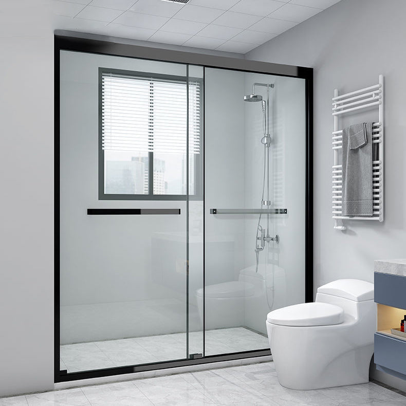 Framed Double Sliding Shower Bath Door Black Tempered Shower Doors Clearhalo 'Bathroom Remodel & Bathroom Fixtures' 'Home Improvement' 'home_improvement' 'home_improvement_shower_tub_doors' 'Shower and Tub Doors' 'shower_tub_doors' 'Showers & Bathtubs' 7352695