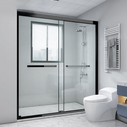Framed Double Sliding Shower Bath Door Black Tempered Shower Doors Clearhalo 'Bathroom Remodel & Bathroom Fixtures' 'Home Improvement' 'home_improvement' 'home_improvement_shower_tub_doors' 'Shower and Tub Doors' 'shower_tub_doors' 'Showers & Bathtubs' 7352695