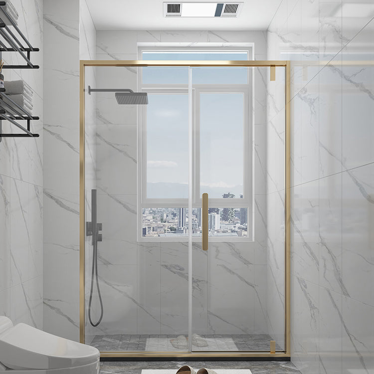 Narrow Bezel Transparent Shower Door Tempered Glass Shower Bath Door Gold Right Clearhalo 'Bathroom Remodel & Bathroom Fixtures' 'Home Improvement' 'home_improvement' 'home_improvement_shower_tub_doors' 'Shower and Tub Doors' 'shower_tub_doors' 'Showers & Bathtubs' 7352713