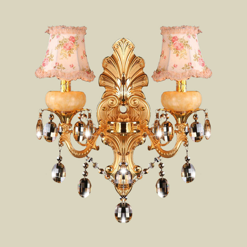 Double Arm Sconce Light Fixture Traditionalist Metal 2 Lights Gold Wall Mount Lamp with Crystal Drop and Fabric Shade Clearhalo 'Wall Lamps & Sconces' 'Wall Lights' Lighting' 735292