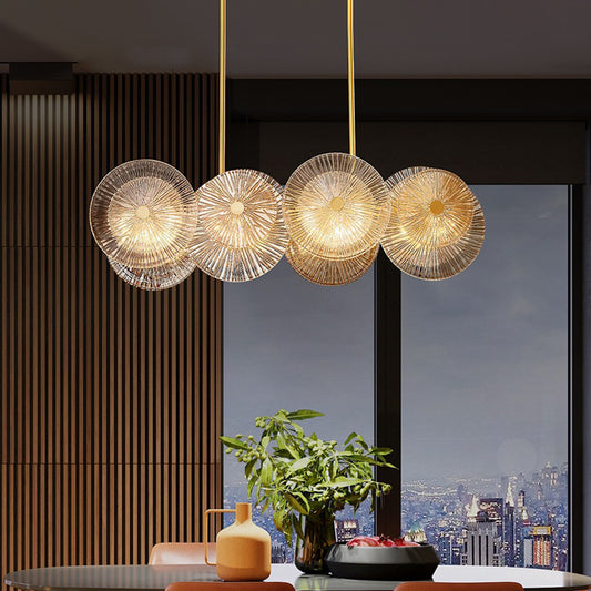 8 Bulbs Dining Room Island Pendant Light Modern Gold Finish Suspension Lamp with Round Prismatic Glass Shade Clearhalo 'Ceiling Lights' 'Glass shade' 'Glass' 'Island Lights' 'Pendant Lights' Lighting' 735295