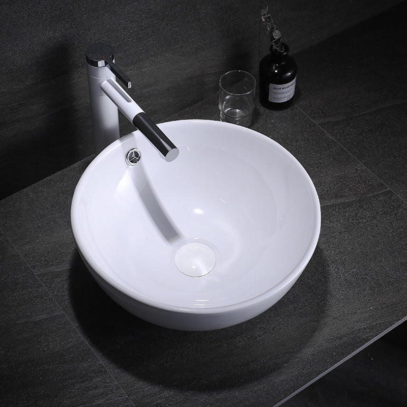 Modern Bathroom Sink with Pop-Up Drain Porcelain Round Vessel Lavatory Sink White Swivel Faucet Clearhalo 'Bathroom Remodel & Bathroom Fixtures' 'Bathroom Sinks & Faucet Components' 'Bathroom Sinks' 'bathroom_sink' 'Home Improvement' 'home_improvement' 'home_improvement_bathroom_sink' 7352997