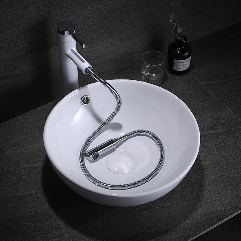 Modern Bathroom Sink with Pop-Up Drain Porcelain Round Vessel Lavatory Sink White Pull Out Faucet Clearhalo 'Bathroom Remodel & Bathroom Fixtures' 'Bathroom Sinks & Faucet Components' 'Bathroom Sinks' 'bathroom_sink' 'Home Improvement' 'home_improvement' 'home_improvement_bathroom_sink' 7352999