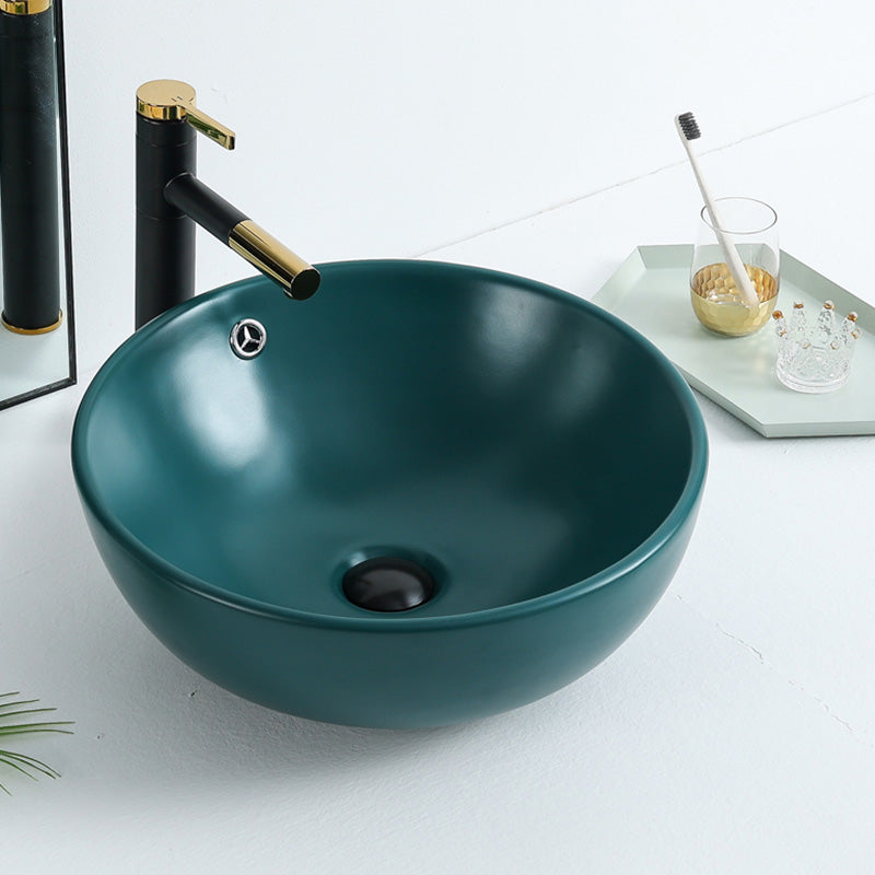 Modern Bathroom Sink with Pop-Up Drain Porcelain Round Vessel Lavatory Sink Blackish Green Round Swivel Faucet Clearhalo 'Bathroom Remodel & Bathroom Fixtures' 'Bathroom Sinks & Faucet Components' 'Bathroom Sinks' 'bathroom_sink' 'Home Improvement' 'home_improvement' 'home_improvement_bathroom_sink' 7353007