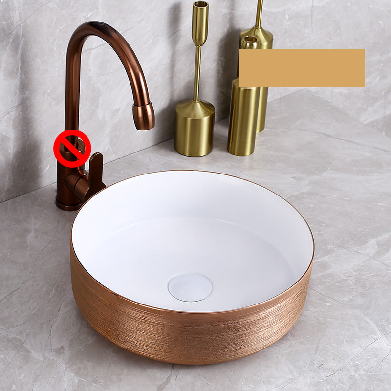 Modern Bathroom Sink with Pop-Up Drain Porcelain Round Vessel Bathroom Sink without Faucet White-Rose Gold Clearhalo 'Bathroom Remodel & Bathroom Fixtures' 'Bathroom Sinks & Faucet Components' 'Bathroom Sinks' 'bathroom_sink' 'Home Improvement' 'home_improvement' 'home_improvement_bathroom_sink' 7353023