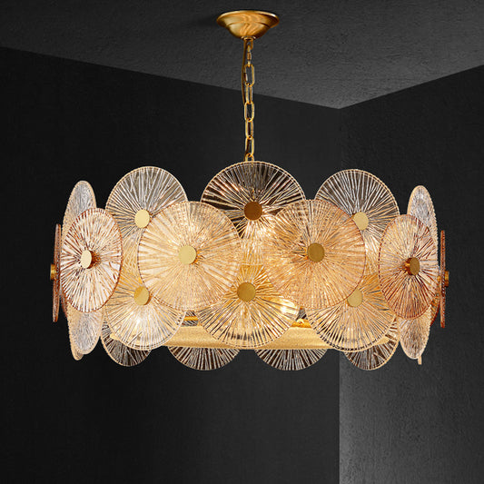 Clear Ribbed Glass Panel Hanging Chandelier Contemporary 8/12 Heads Ceiling Pendant Lamp in Gold 12 Gold Clearhalo 'Ceiling Lights' 'Chandeliers' 'Modern Chandeliers' 'Modern' Lighting' 735302