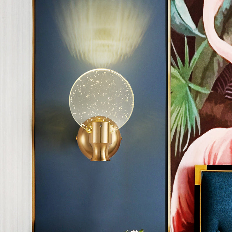 Modern Circle Panel Wall Light Sconce Bubble Crystal LED Bedroom Wall Mounted Lamp in Gold, 5"/6" Wide Gold 5" Clearhalo 'Cast Iron' 'Glass' 'Industrial' 'Modern wall lights' 'Modern' 'Tiffany' 'Traditional wall lights' 'Wall Lamps & Sconces' 'Wall Lights' Lighting' 735314