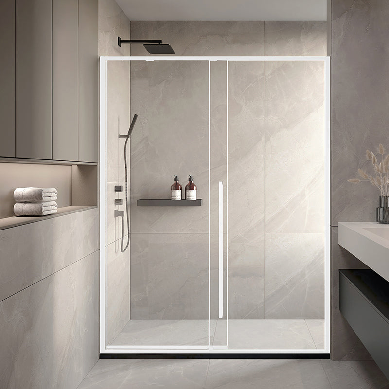 Silver Single Sliding Shower Bath Door Metal Semi-Frameless Shower Door Clearhalo 'Bathroom Remodel & Bathroom Fixtures' 'Home Improvement' 'home_improvement' 'home_improvement_shower_tub_doors' 'Shower and Tub Doors' 'shower_tub_doors' 'Showers & Bathtubs' 7353144