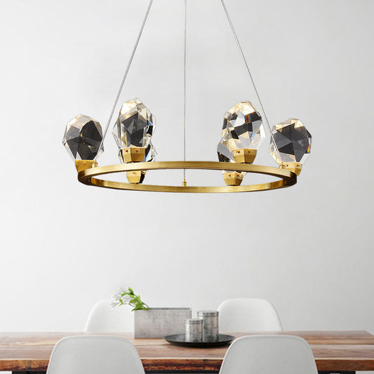 Halo Ring Faceted Crystal Pendant Light Modernism 6/8 Lights Brass Finish Ceiling Chandelier 6 Brass Clearhalo 'Ceiling Lights' 'Chandeliers' 'Modern Chandeliers' 'Modern' Lighting' 735330