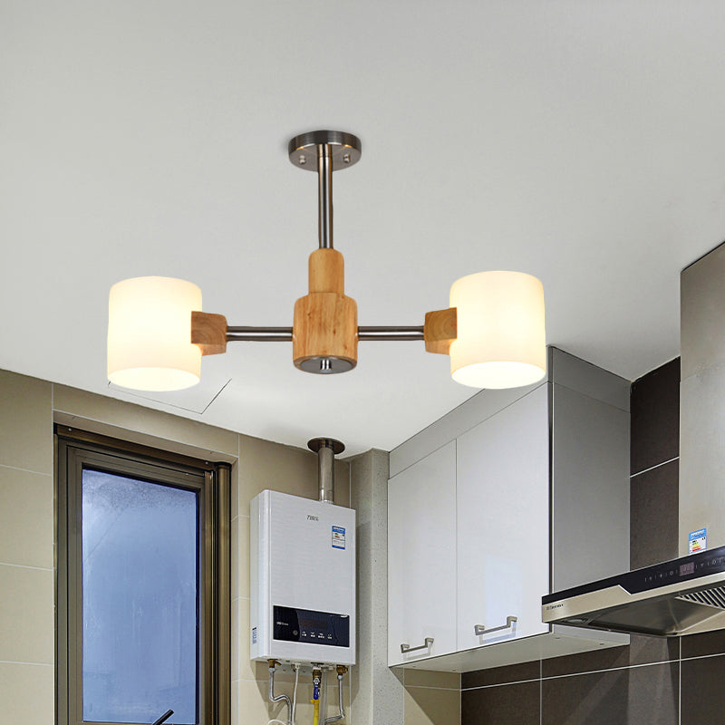 Modern Cylinder Semi Flush Lighting White Glass 2/3 Lights Living Room Wood Close to Ceiling Lamp in Chrome Clearhalo 'Ceiling Lights' 'Close To Ceiling Lights' 'Close to ceiling' 'Glass shade' 'Glass' 'Semi-flushmount' Lighting' 735351