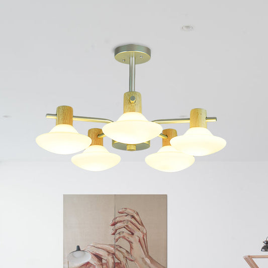 Modernism Mushroom Semi Flush Light Opal Frosted Glass 5/6-Head Bedroom Ceiling Lamp in Wood 5 Wood Clearhalo 'Ceiling Lights' 'Close To Ceiling Lights' 'Close to ceiling' 'Semi-flushmount' Lighting' 735364