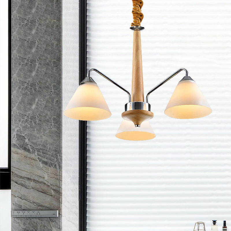 Chrome and Wood Conical Chandelier Modern 3/5 Lights Frosted Glass Hanging Ceiling Lamp Clearhalo 'Carpenter Chandeliers' 'Ceiling Lights' 'Chandeliers' 'Industrial' 'Modern Chandeliers' 'Modern' Lighting' 735377