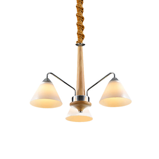 Chrome and Wood Conical Chandelier Modern 3/5 Lights Frosted Glass Hanging Ceiling Lamp Clearhalo 'Carpenter Chandeliers' 'Ceiling Lights' 'Chandeliers' 'Industrial' 'Modern Chandeliers' 'Modern' Lighting' 735378