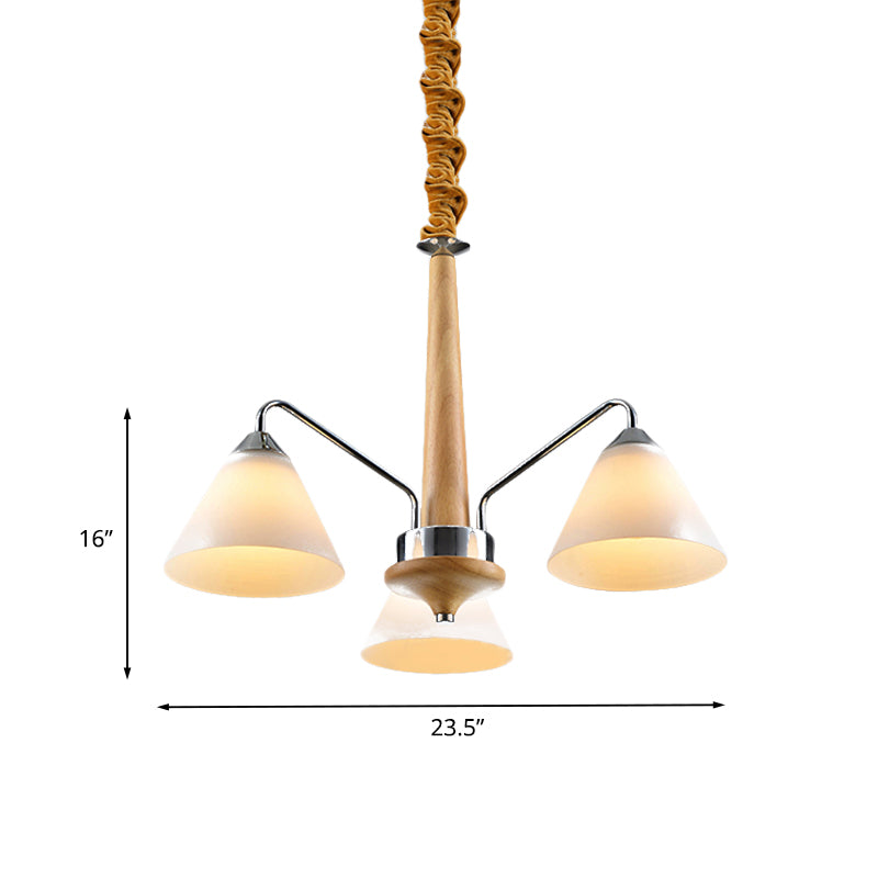 Chrome and Wood Conical Chandelier Modern 3/5 Lights Frosted Glass Hanging Ceiling Lamp Clearhalo 'Carpenter Chandeliers' 'Ceiling Lights' 'Chandeliers' 'Industrial' 'Modern Chandeliers' 'Modern' Lighting' 735379