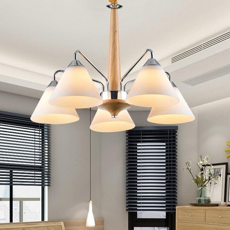 Chrome and Wood Conical Chandelier Modern 3/5 Lights Frosted Glass Hanging Ceiling Lamp Clearhalo 'Carpenter Chandeliers' 'Ceiling Lights' 'Chandeliers' 'Industrial' 'Modern Chandeliers' 'Modern' Lighting' 735381