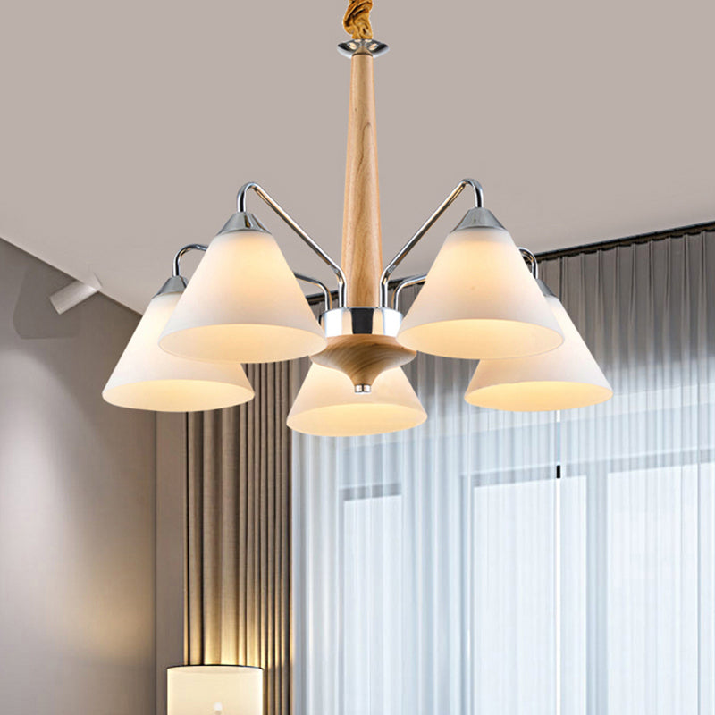 Chrome and Wood Conical Chandelier Modern 3/5 Lights Frosted Glass Hanging Ceiling Lamp Clearhalo 'Carpenter Chandeliers' 'Ceiling Lights' 'Chandeliers' 'Industrial' 'Modern Chandeliers' 'Modern' Lighting' 735382