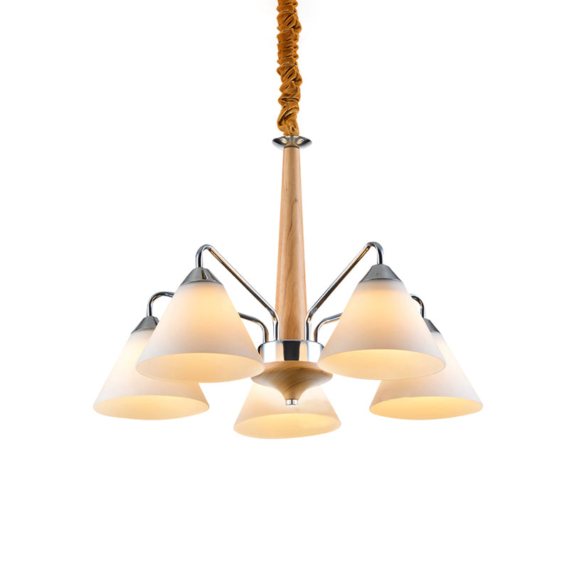 Chrome and Wood Conical Chandelier Modern 3/5 Lights Frosted Glass Hanging Ceiling Lamp Clearhalo 'Carpenter Chandeliers' 'Ceiling Lights' 'Chandeliers' 'Industrial' 'Modern Chandeliers' 'Modern' Lighting' 735383