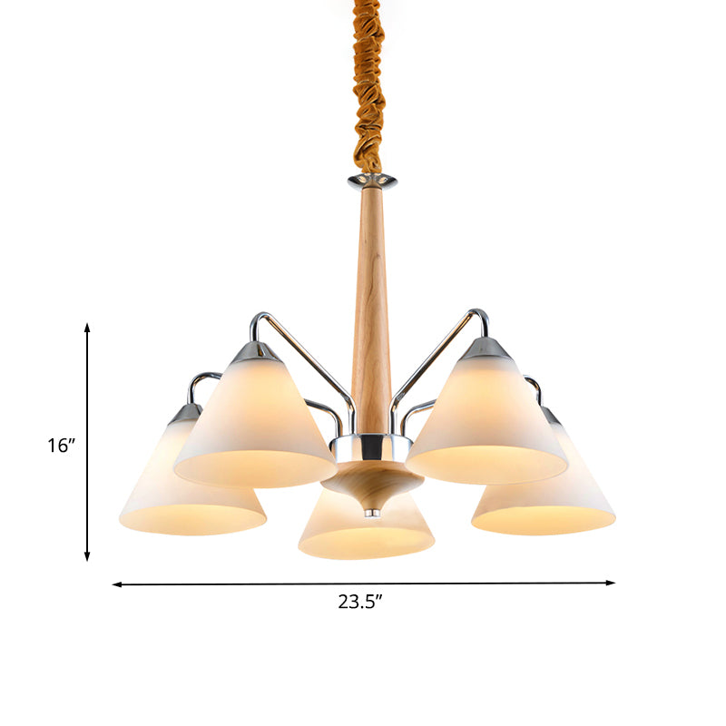 Chrome and Wood Conical Chandelier Modern 3/5 Lights Frosted Glass Hanging Ceiling Lamp Clearhalo 'Carpenter Chandeliers' 'Ceiling Lights' 'Chandeliers' 'Industrial' 'Modern Chandeliers' 'Modern' Lighting' 735384