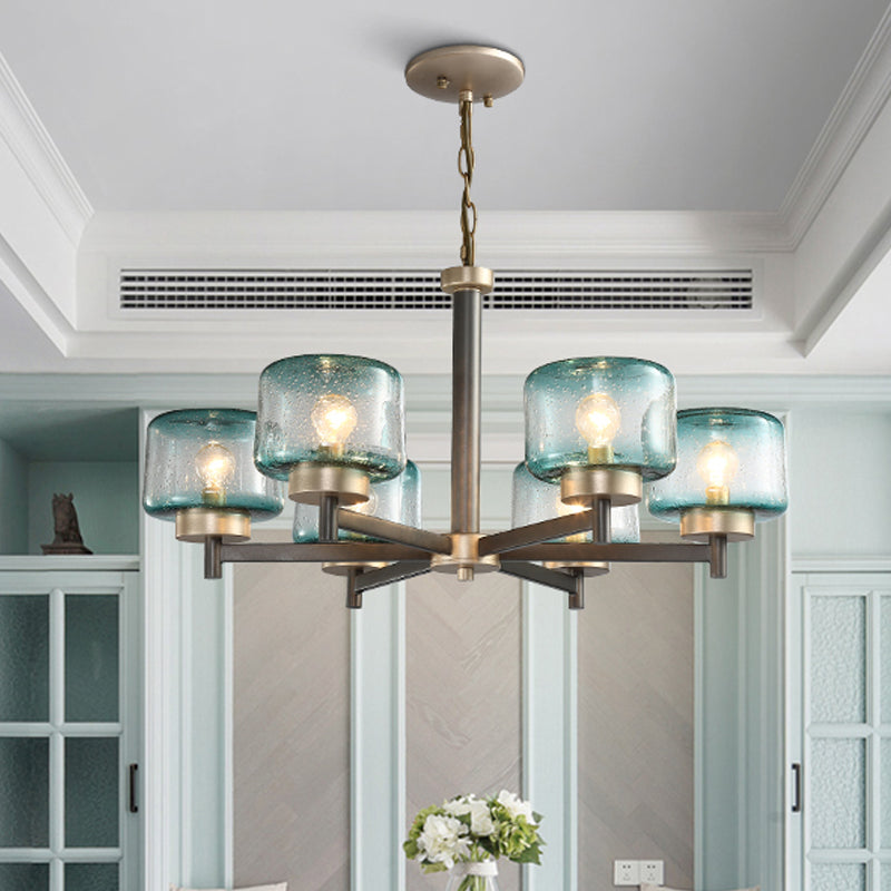 3/6-Light Dining Room Chandelier Post Modern Grey Radial Suspension Lamp with Drum Blue Seeded Glass Shade 6 Blue Clearhalo 'Ceiling Lights' 'Chandeliers' 'Modern Chandeliers' 'Modern' Lighting' 735406