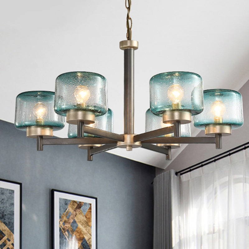 3/6-Light Dining Room Chandelier Post Modern Grey Radial Suspension Lamp with Drum Blue Seeded Glass Shade Clearhalo 'Ceiling Lights' 'Chandeliers' 'Modern Chandeliers' 'Modern' Lighting' 735407
