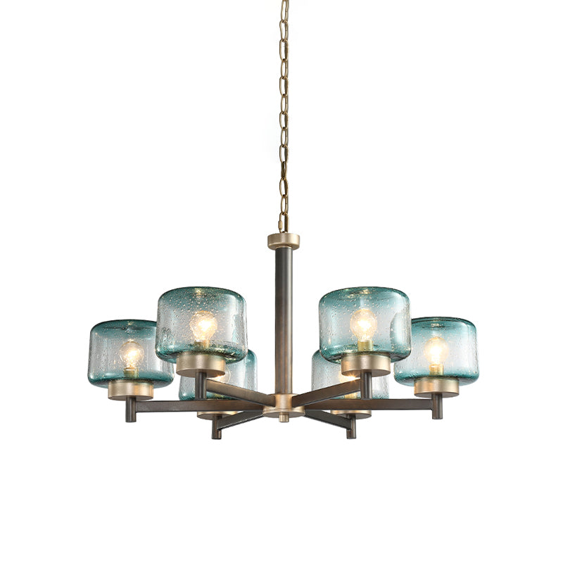 3/6-Light Dining Room Chandelier Post Modern Grey Radial Suspension Lamp with Drum Blue Seeded Glass Shade Clearhalo 'Ceiling Lights' 'Chandeliers' 'Modern Chandeliers' 'Modern' Lighting' 735408