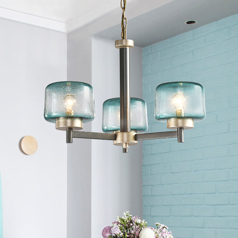 3/6-Light Dining Room Chandelier Post Modern Grey Radial Suspension Lamp with Drum Blue Seeded Glass Shade 3 Blue Clearhalo 'Ceiling Lights' 'Chandeliers' 'Modern Chandeliers' 'Modern' Lighting' 735410