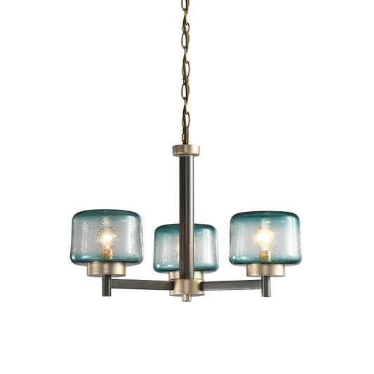 3/6-Light Dining Room Chandelier Post Modern Grey Radial Suspension Lamp with Drum Blue Seeded Glass Shade Clearhalo 'Ceiling Lights' 'Chandeliers' 'Modern Chandeliers' 'Modern' Lighting' 735412