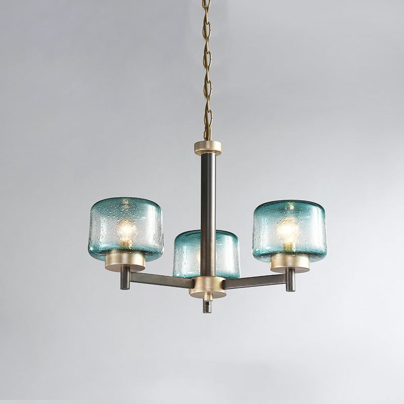 3/6-Light Dining Room Chandelier Post Modern Grey Radial Suspension Lamp with Drum Blue Seeded Glass Shade Clearhalo 'Ceiling Lights' 'Chandeliers' 'Modern Chandeliers' 'Modern' Lighting' 735413