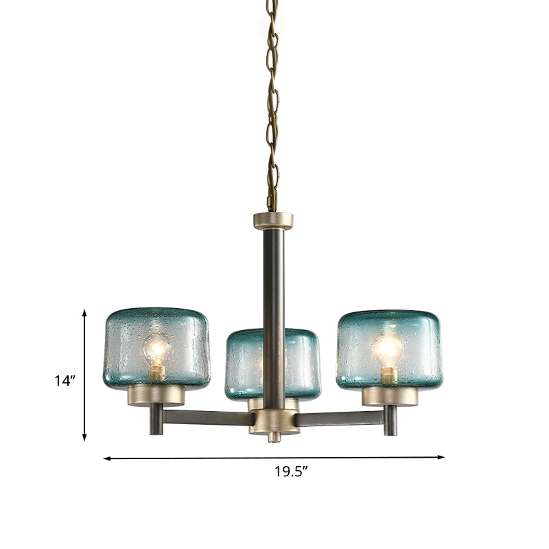 3/6-Light Dining Room Chandelier Post Modern Grey Radial Suspension Lamp with Drum Blue Seeded Glass Shade Clearhalo 'Ceiling Lights' 'Chandeliers' 'Modern Chandeliers' 'Modern' Lighting' 735414