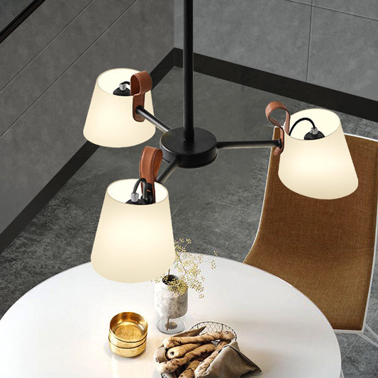 Barrel Dining Room Pendant Frosted White Glass 3/6-Head Modernist Radial Hanging Chandelier in Black 3 Black Clearhalo 'Ceiling Lights' 'Chandeliers' 'Modern Chandeliers' 'Modern' Lighting' 735437