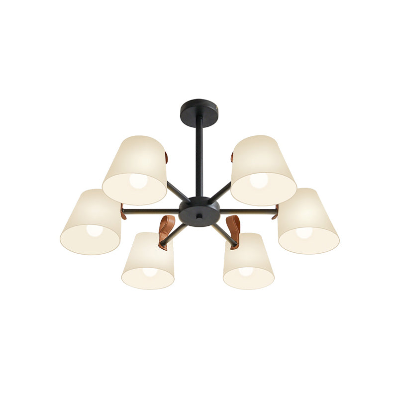 Barrel Dining Room Pendant Frosted White Glass 3/6-Head Modernist Radial Hanging Chandelier in Black Clearhalo 'Ceiling Lights' 'Chandeliers' 'Modern Chandeliers' 'Modern' Lighting' 735444