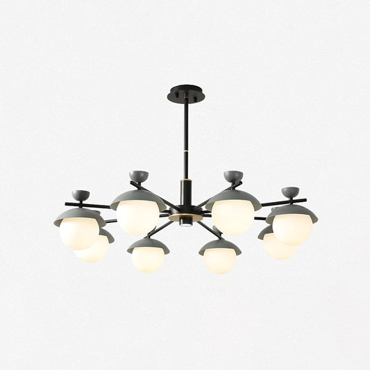 Dome Hanging Chandelier Modern Iron 8-Head Black and Grey Radial Pendant Lighting with Globe White Glass Shade Clearhalo 'Ceiling Lights' 'Chandeliers' 'Modern Chandeliers' 'Modern' Lighting' 735448