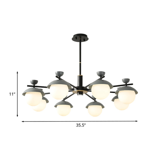Dome Hanging Chandelier Modern Iron 8-Head Black and Grey Radial Pendant Lighting with Globe White Glass Shade Clearhalo 'Ceiling Lights' 'Chandeliers' 'Modern Chandeliers' 'Modern' Lighting' 735449