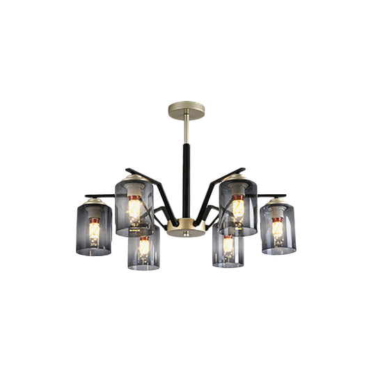 Black and Gold Cylinder Chandelier Lighting Postmodern 5/6 Bulbs Gradient Smoke Gray Glass Hanging Lamp Kit Clearhalo 'Ceiling Lights' 'Close To Ceiling Lights' 'Close to ceiling' 'Glass shade' 'Glass' 'Pendant Lights' 'Semi-flushmount' Lighting' 735459