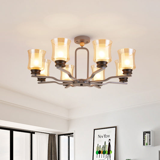 Cup Tan Glass Semi Flush Mount Lighting Modernist 8 Bulbs Radial Close to Ceiling Lamp in White/Grey/Green Clearhalo 'Ceiling Lights' 'Close To Ceiling Lights' 'Close to ceiling' 'Glass shade' 'Glass' 'Pendant Lights' 'Semi-flushmount' Lighting' 735498