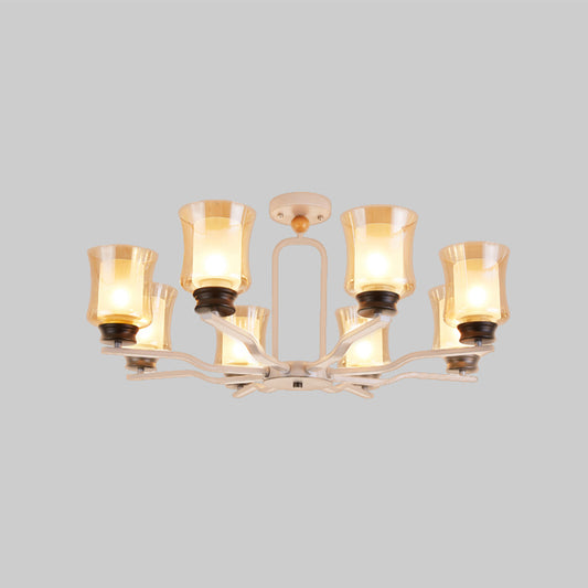 Cup Tan Glass Semi Flush Mount Lighting Modernist 8 Bulbs Radial Close to Ceiling Lamp in White/Grey/Green Clearhalo 'Ceiling Lights' 'Close To Ceiling Lights' 'Close to ceiling' 'Glass shade' 'Glass' 'Pendant Lights' 'Semi-flushmount' Lighting' 735504
